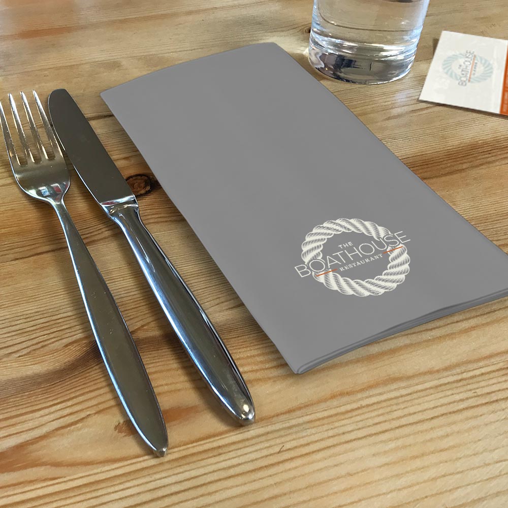 Branded Boathouse napkin with business cards