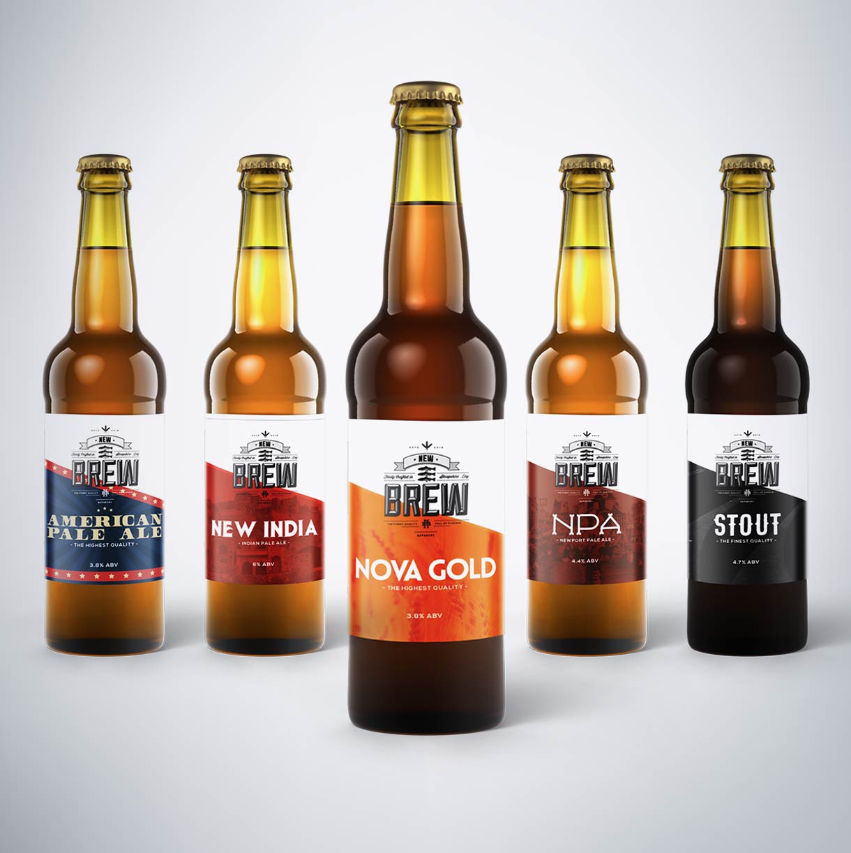A range of design concepts for the New Brew beer bottles